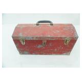 Vintage Metal Tool Box and Contents (back hinge needs to be repaired)