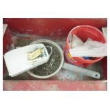 Vintage Metal Tool Box and Contents (back hinge needs to be repaired)