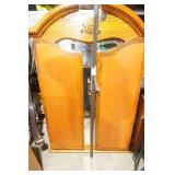 TV entertainment center, vintage wooden chairs, headboard, metal frame, mirror