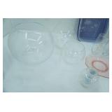Rubbermaid Bar Pan, Pink Depression Glass Plate, Crystal Candle Holders, Glass Votive Holders