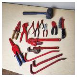 Lot of Hand Tools Including Pipe Wrenches, Pliers, Snips and Crowbars