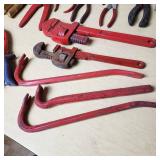 Lot of Hand Tools Including Pipe Wrenches, Pliers, Snips and Crowbars