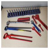 Lot of Assorted Hand Tools Including Adjustable Wrenches, Nippers, Socket Holders, and Pliers