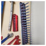 Lot of Assorted Hand Tools Including Adjustable Wrenches, Nippers, Socket Holders, and Pliers