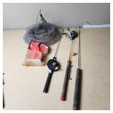 Assorted Fishing Equipment including Silstar Vertex Reel, Ice Fishing Rods, Rattle Reel, and Wire Fish Basket