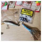 Fishing Gear Lot including Eagle Claw Snells, Lures, and Tackle Organizer
