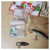 Fishing Gear Lot including Eagle Claw Snells, Lures, and Tackle Organizer