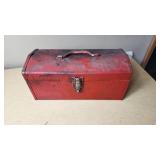 Red Metal Toolbox with Handle and Latch
