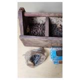 Vintage Wooden Tool Caddy with Nails and Accessories