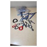 Eye bolts and hooks including red and black painted options, various sizes and types