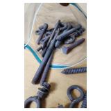 Eye bolts and hooks including red and black painted options, various sizes and types