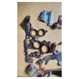 Harley Davidson and Other Motorcycle Parts Set including Sportster Seat, Backrest, and Various Accessories