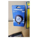 Various Brands Plumbing and Air Tool Accessories including Drill Master Drill Water Pumps, Merlin Pressure Gauge, and Apache Air Hose Lot