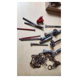 Lot of Industrial Hardware and Tools including Brushes, Bolts, and Chains