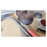 Assorted Hardware and Tools including Shelf Brackets, Wooden Dowels, and Cable Spool