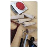 Assorted Hardware and Tools including Shelf Brackets, Wooden Dowels, and Cable Spool