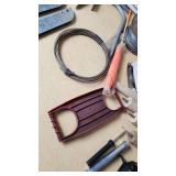 Assorted Hardware and Tools including Shelf Brackets, Wooden Dowels, and Cable Spool