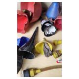 Lot of Plastic and Metal Funnels and Spouts with Flexible Hose Attachments