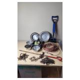 Assorted Pet Supplies and Hardware Including Chains, Cables, and Tools