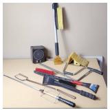 Lot of Various Cleaning and Automotive Tools including Ice Scrapers, Broom, and Brushes