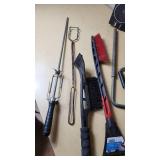 Lot of Various Cleaning and Automotive Tools including Ice Scrapers, Broom, and Brushes