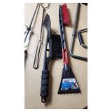 Lot of Various Cleaning and Automotive Tools including Ice Scrapers, Broom, and Brushes