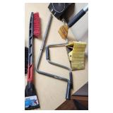 Lot of Various Cleaning and Automotive Tools including Ice Scrapers, Broom, and Brushes