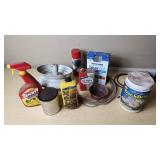 Assorted Garage and Maintenance Supplies including Wolman DeckBrite, Rust-Oleum NeverWet, and Sevin Bug Killer