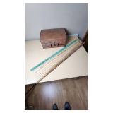 Leather Case with Cassette Tapes (Kenny Rogers, MC Hammer, Footlose) and Yardsticks