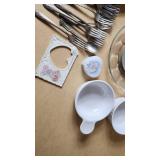 Lot of Kitchenware and Utensils including Plates, Flatware, and Containers