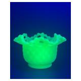 VINTAGE FENTON GREEN CUSTARD SATIN URANIUM GLASS BASKET WEAVE RUFFLED BOWL GLOWS!