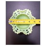 VINTAGE FENTON GREEN CUSTARD SATIN URANIUM GLASS BASKET WEAVE RUFFLED BOWL GLOWS!