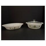Vintage Jeannette Glasbake "Green Daisy" Milk Glass Oval Casserole Dishes (Set of 2) w/ Lids MCM
