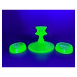 VINTAGE Uranium Vaseline Glass 3-Piece Set: Candlestick Holder & Pair of Salt Cellars / Coasters - GLOWS!