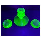 VINTAGE Uranium Vaseline Glass 3-Piece Set: Candlestick Holder & Pair of Salt Cellars / Coasters - GLOWS!