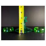 VINTAGE Uranium Vaseline Glass 3-Piece Set: Candlestick Holder & Pair of Salt Cellars / Coasters - GLOWS!