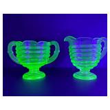 Vintage Uranium Vaseline Glass Ribbed "Beehive" Creamer & Sugar Bowl Set | Glows UV Light