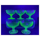 Vintage Uranium Green Depression Glass Sherbet Cups - Set of 5 - Glows Bright Neon Green Under UV Light