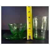 Vintage Uranium Vaseline Glass Tea Cup w/ Saucer & Tumbler Set | UV Glows Bright Green