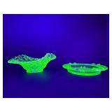 Vintage Uranium Vaseline Glass Lot: Fenton Open Weave Basket & Depression Era Ashtray (Glows UV)