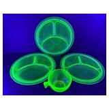 Vintage Green Uranium Vaseline Glass 4-Piece Set: 3 Divided Grill Plates & Matching Cup - Glows Bright Under UV Light (Depression Era)