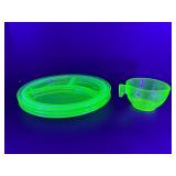 Vintage Green Uranium Vaseline Glass 4-Piece Set: 3 Divided Grill Plates & Matching Cup - Glows Bright Under UV Light (Depression Era)