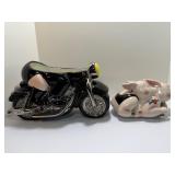 Vintage 1999 Clay Art "Biker Hogs" Pigs on Motorcycle Ceramic Cookie Jar