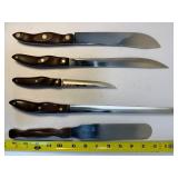 RARE Vtg Mid-Century CUTCO 5-Pc Kitchen Knife Set & Original Brown Bakelite/Plastic Wall Mount Holder | USA Made Collectible Cutlery | Thermo-Resin Dark Wood Grain Handles | Forever Guarantee Incl
