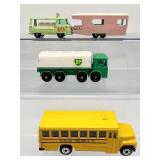Lot of 4 Vintage Matchbox Diecast Vehicles - Lesney No. 23 Caravan, No. 32 BP Tanker, Van & School Bus