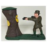 Vintage Style Cast Iron Mechanical Coin Bank "Teddy and the Bear" Hunter Shooting Scene