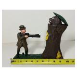 Vintage Style Cast Iron Mechanical Coin Bank "Teddy and the Bear" Hunter Shooting Scene