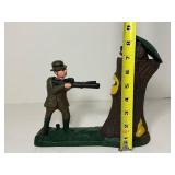 Vintage Style Cast Iron Mechanical Coin Bank "Teddy and the Bear" Hunter Shooting Scene