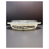 RARE Vtg 1958 Pyrex 1.5 Qt Opal Glass Oval Divided Casserole Dish #0503 "Barbed Wire" Promo w/ Lid
