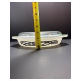 RARE Vtg 1958 Pyrex 1.5 Qt Opal Glass Oval Divided Casserole Dish #0503 "Barbed Wire" Promo w/ Lid